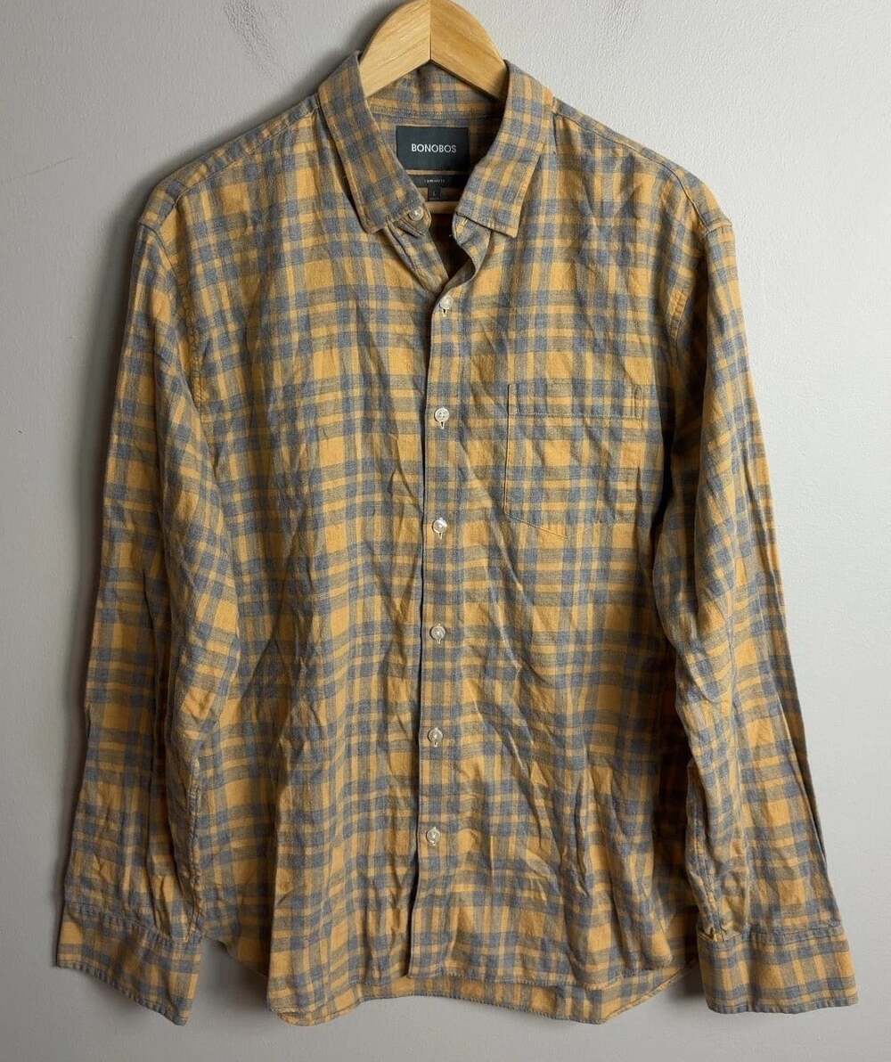 Bonobos Long Sleeve Flannel Shirt Large Yellow Gray Plaid Button Up Men’s